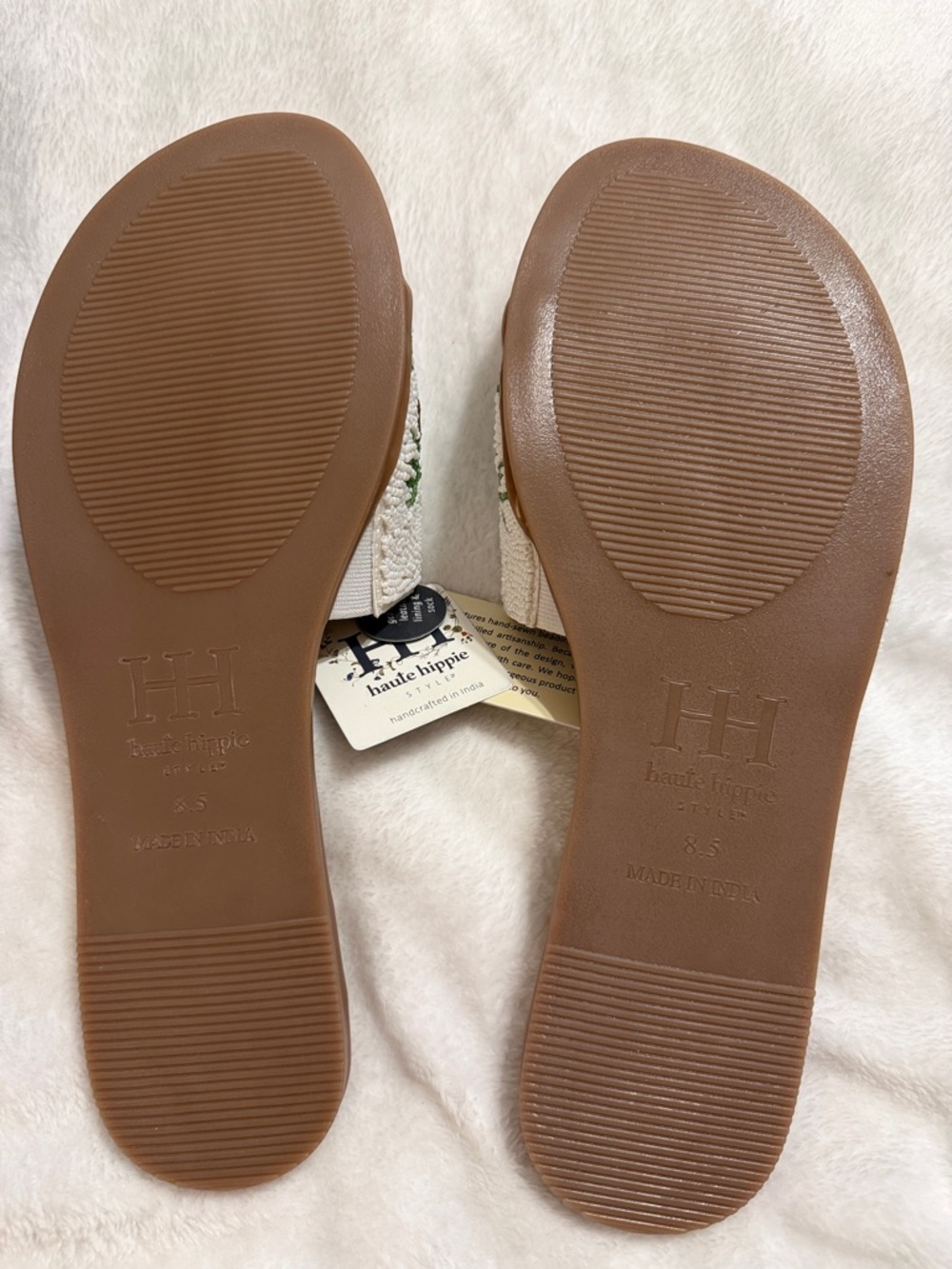 Haute Hippie White Beaded Palm Slide Sandals with Tan Footbed - Picture 2 of 4